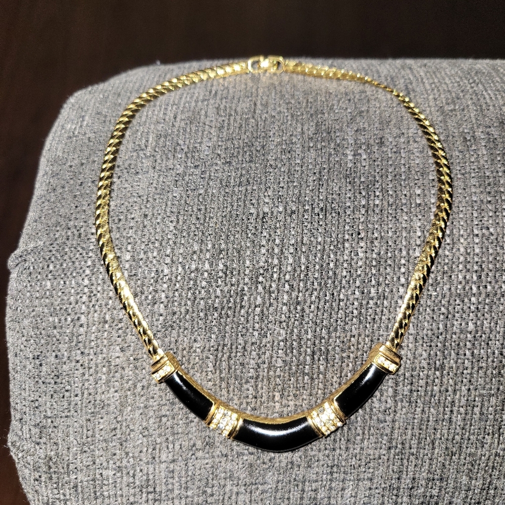 Christian Dior Gold Crystals and Black Enamel Necklace
